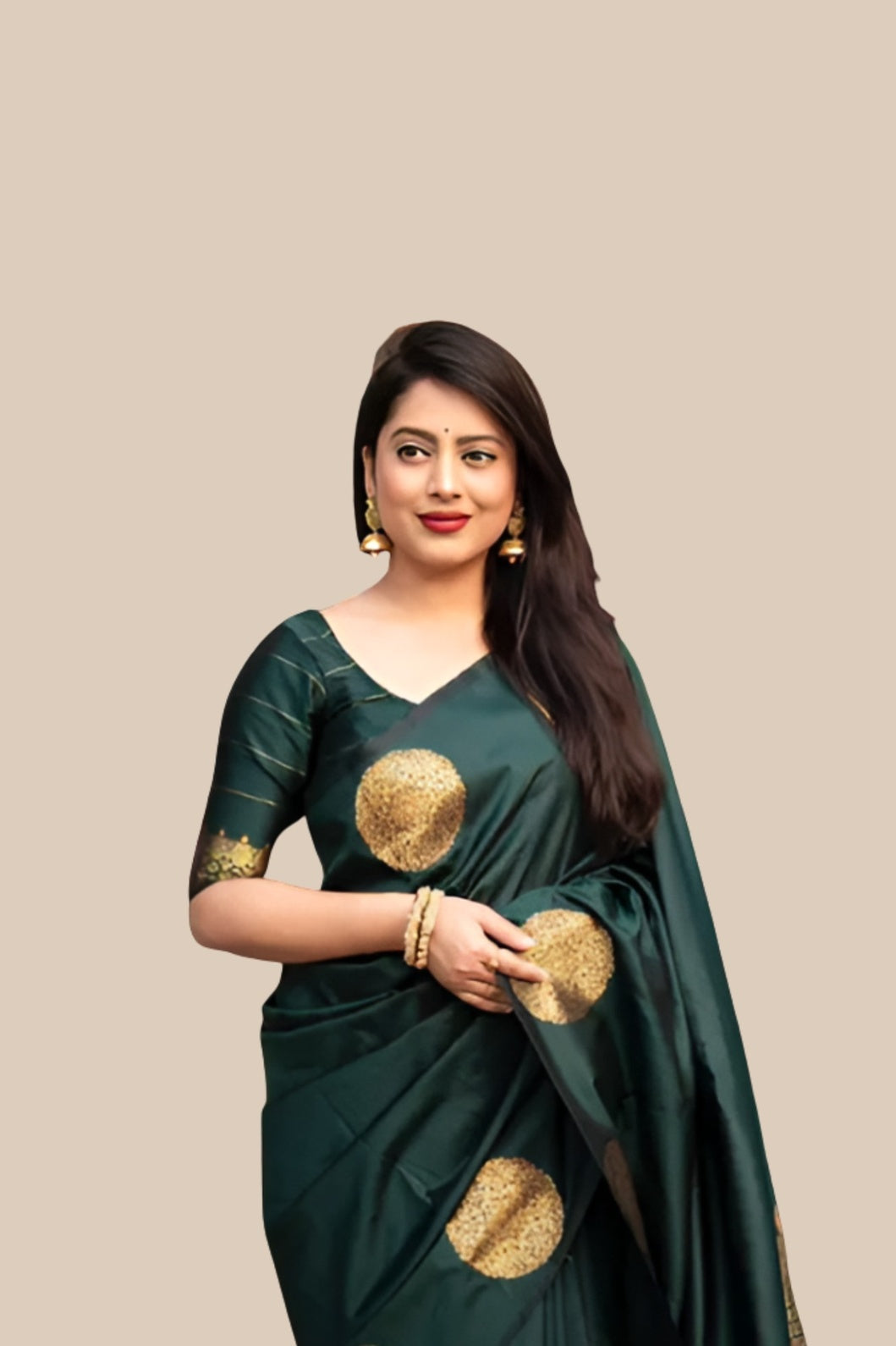 Studio front shot of green printed saree with blouse 