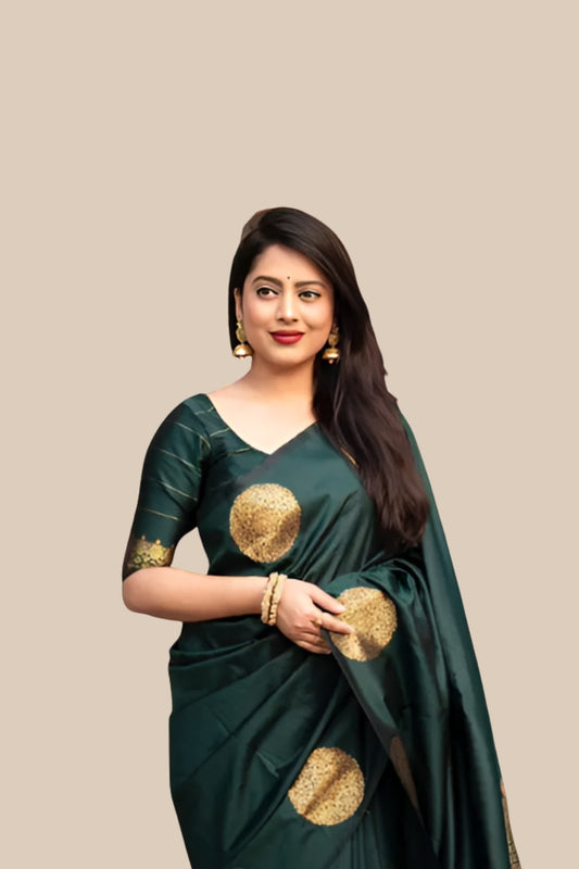Studio front shot of green printed saree with blouse 