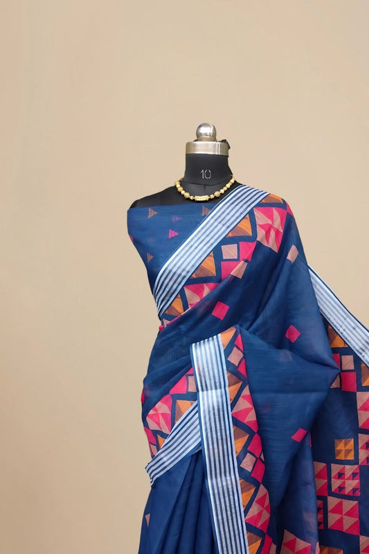 Studio front shot showing full saree design with blouse pairing