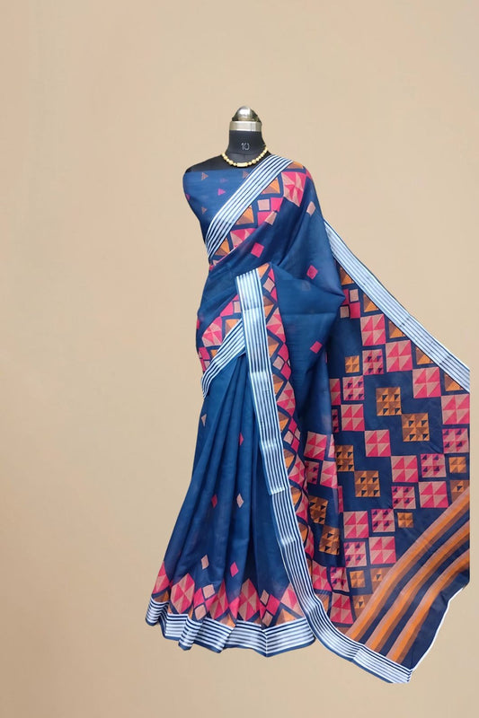 Studio front shot showing full saree design with blouse pairing