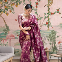 Front view of deep purple silk saree in a royal palace setting