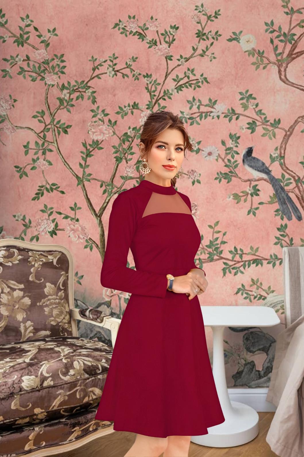 Model in deep maroon dress with full sleeves – royal palace room backdrop