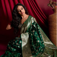 Model showcasing Zarqa Veil saree in an opulent palace setup