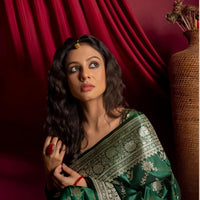 Model showcasing Zarqa Veil saree in an opulent palace setup