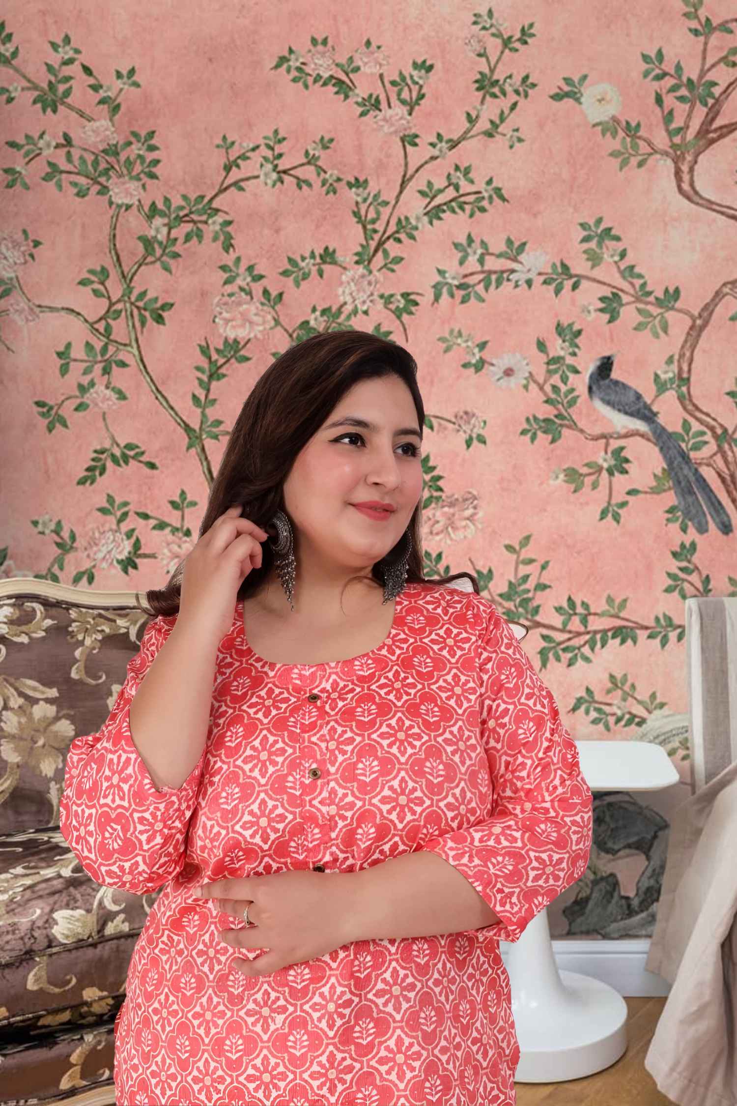 Front view: Soft pink kurti glowing in the morning light 🌞